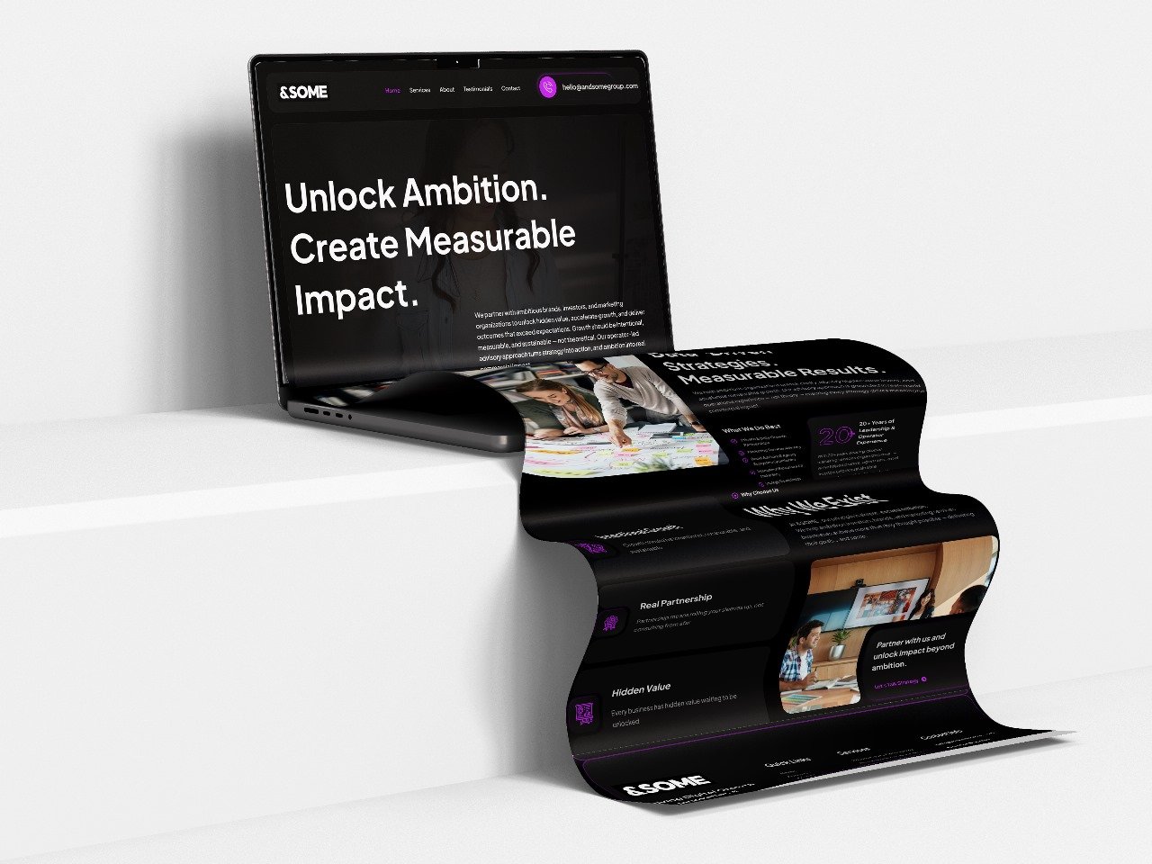 &SOME consulting agency website mockup — dark, high-contrast homepage with bold typography